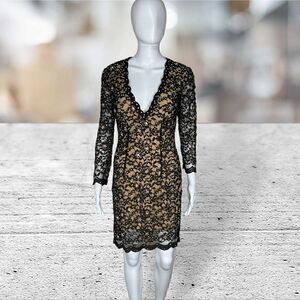 Jovani Lace & Nude 3/4 Sleeve Deep V Jeweled Mini Dress